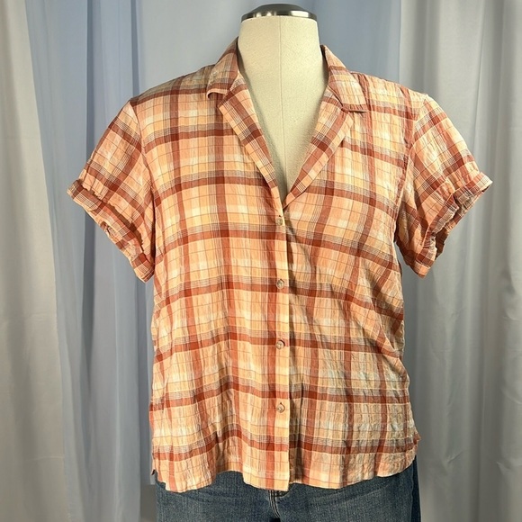 Eddie Bauer Tops - Eddie Bauer button down orange plaid shirt sleeves blouse size XL